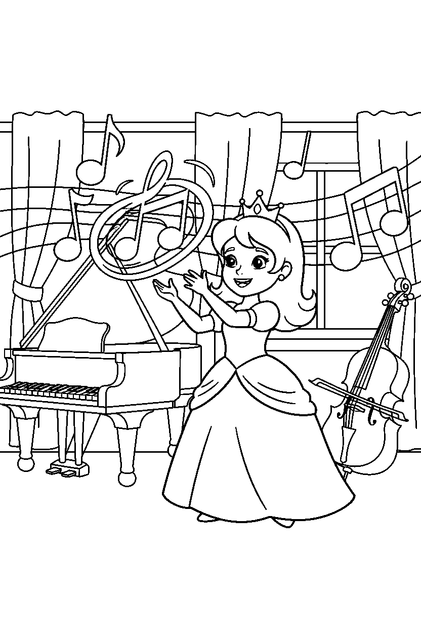 cute princess practicing magic in a music room line art