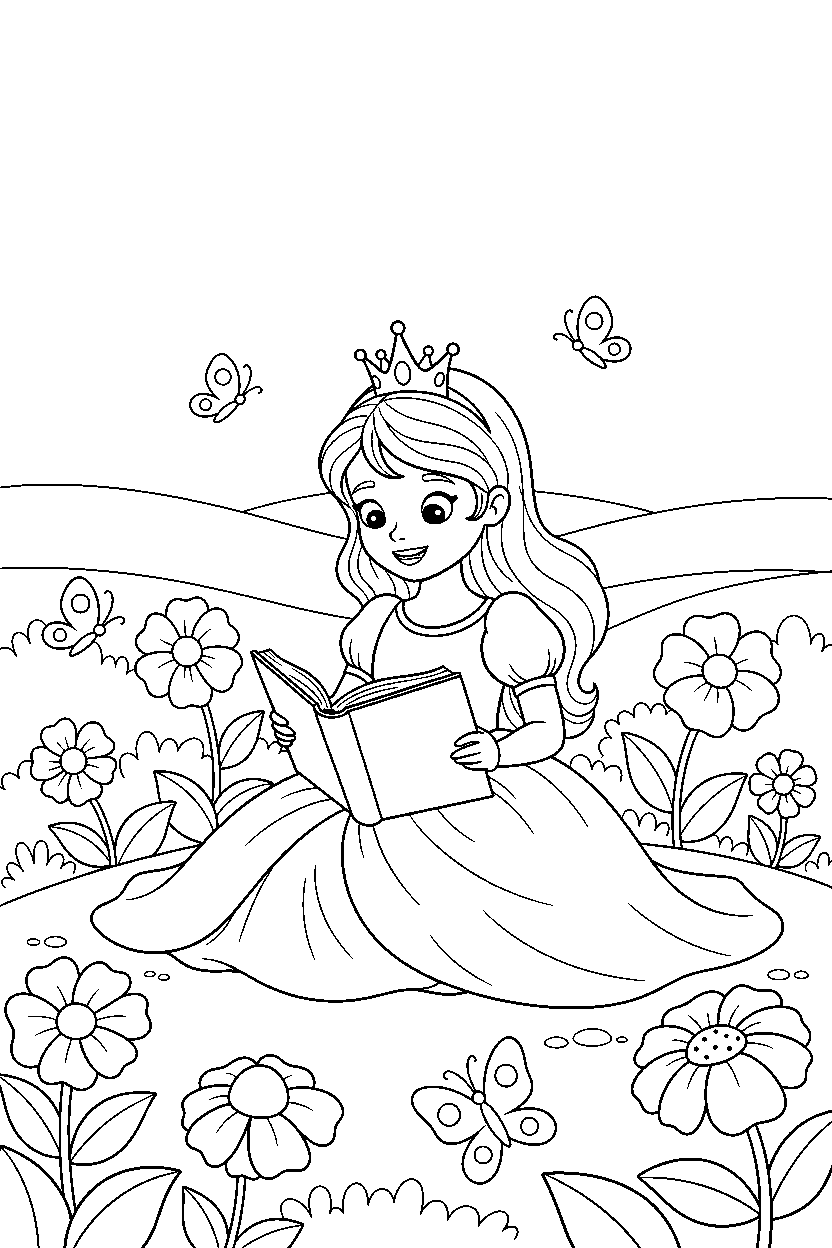 cute princess reading a book in a flower garden line art