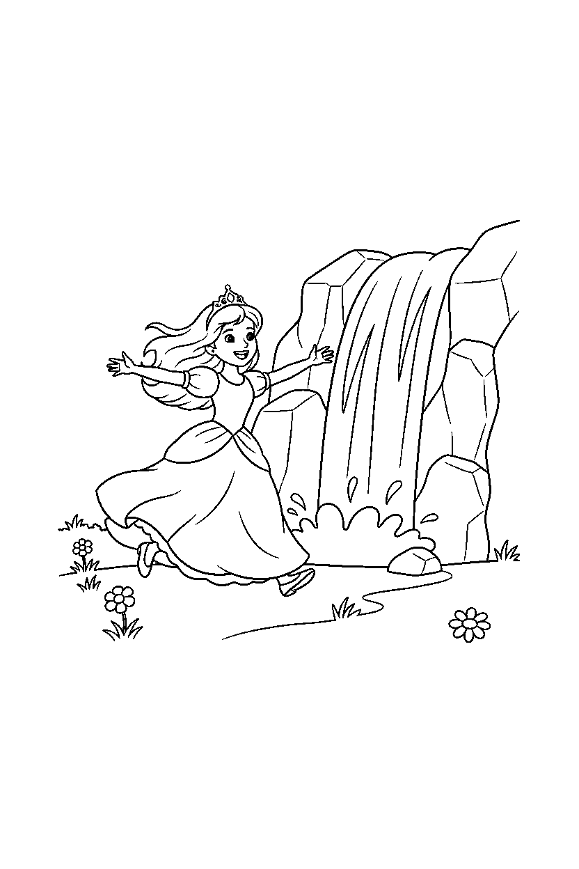 cute princess running happily near a waterfall line art
