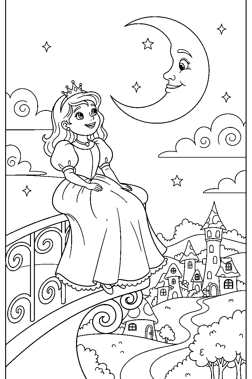 cute princess watching the moon in a storybook village line art