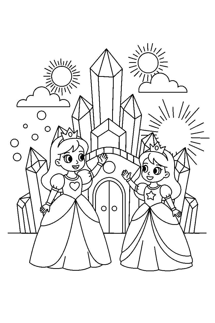 cute princess waving to a friend in a crystal palace line art
