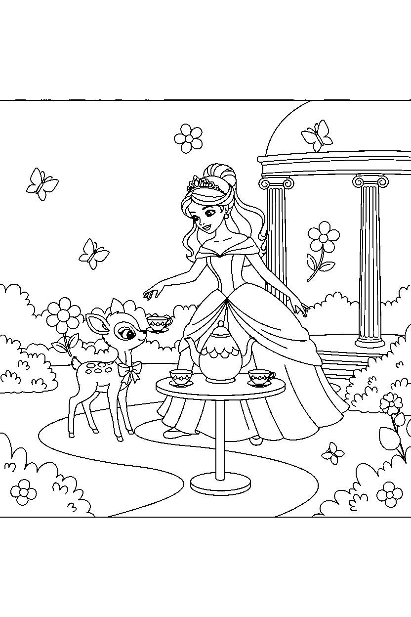 dancer princess helping an animal in a royal tea garden line art