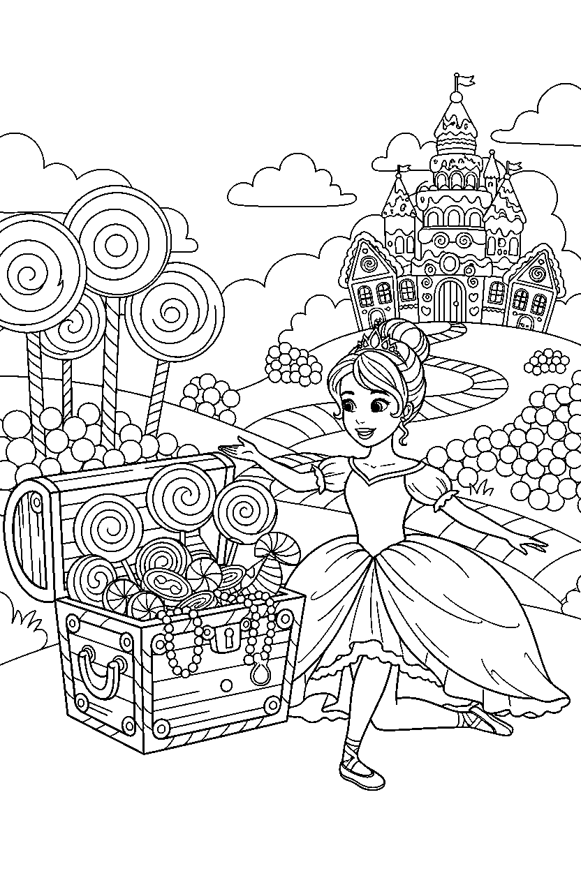 dancer princess opening a treasure in a candy kingdom line art