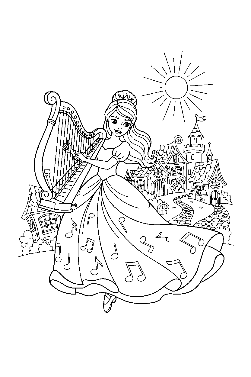dancer princess playing music in a storybook village line art