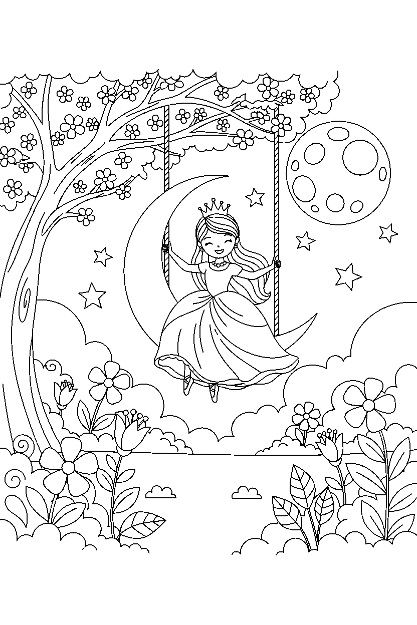 dancer princess riding happily in a moonlit garden line art