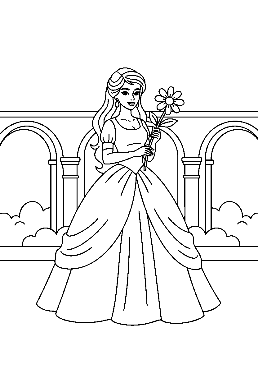 dream princess holding a flower in a royal courtyard line art