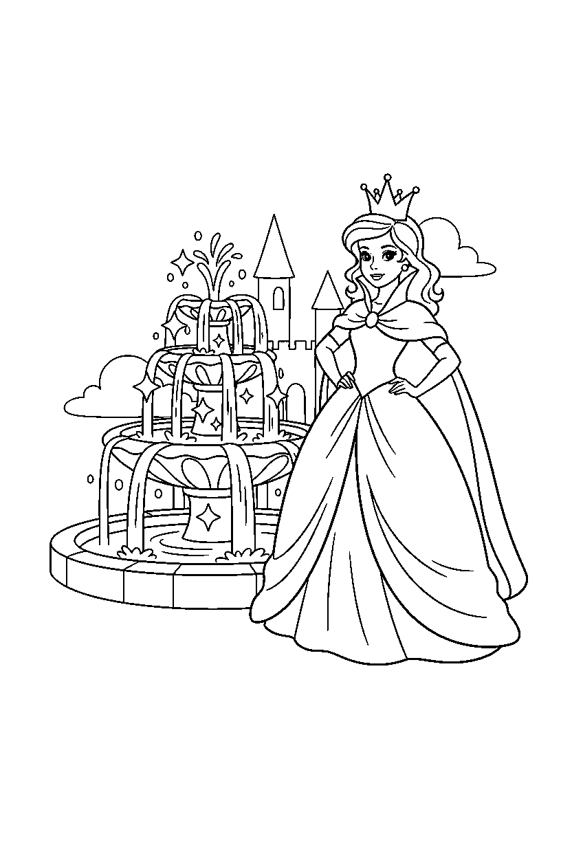 dream princess posing proudly near a sparkling fountain line art
