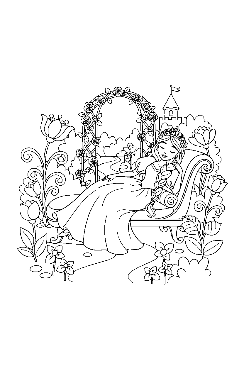 dream princess relaxing peacefully in a secret royal garden line art