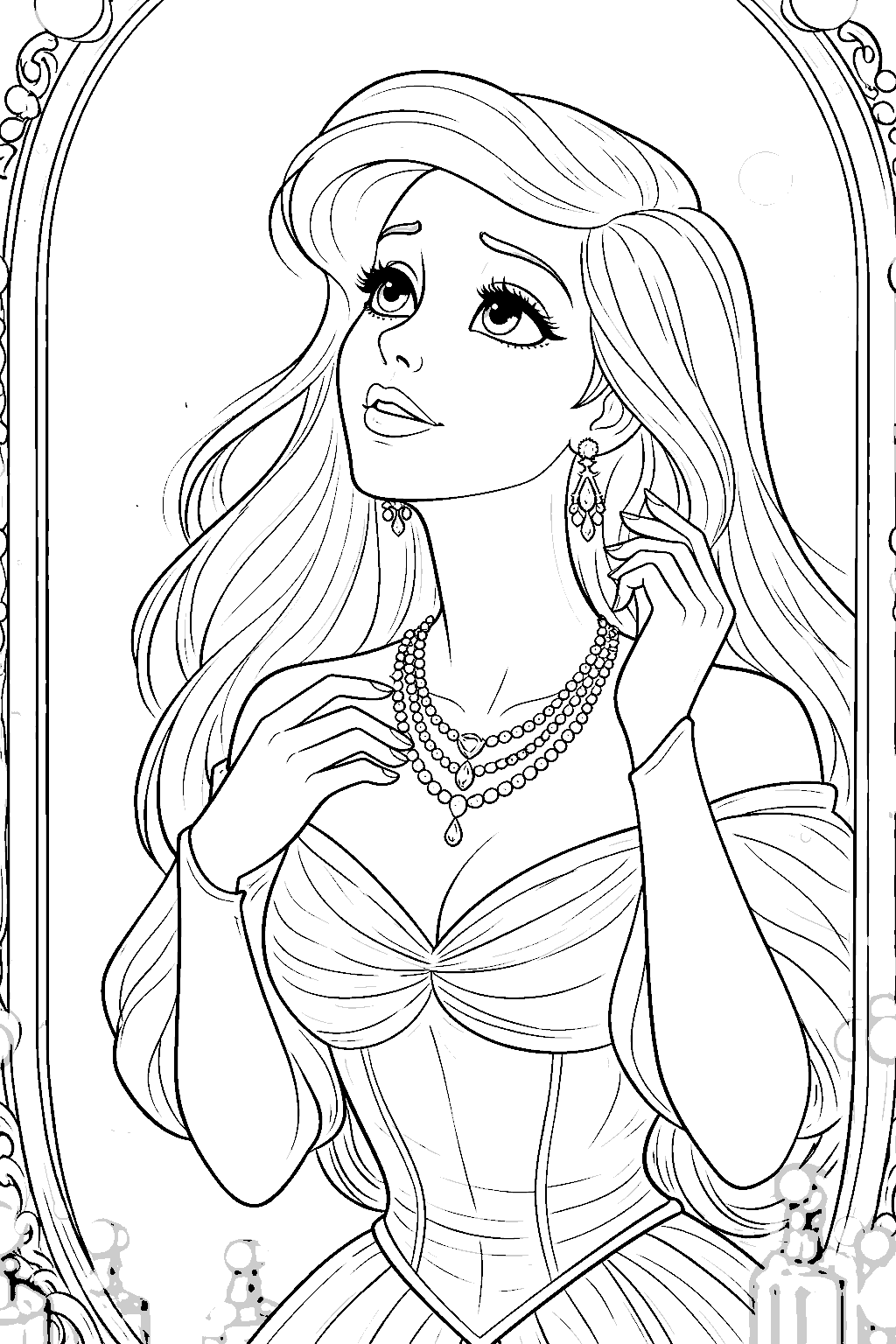elegant princess ariel wearing jewelry portrait line art