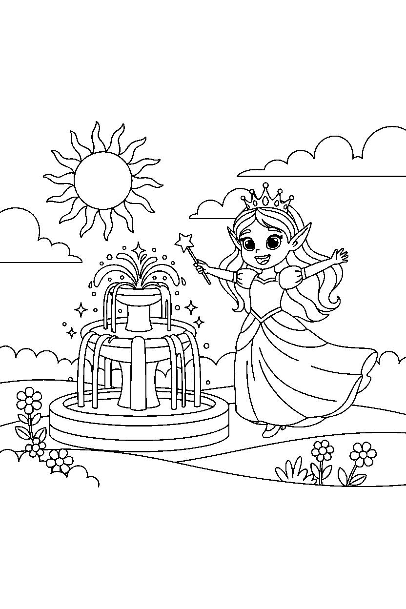 elf princess drawing happily near a sparkling fountain line art