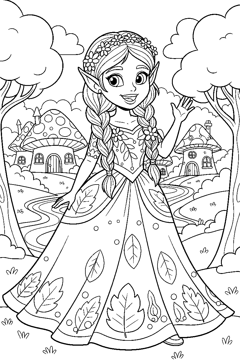 elf princess greeting happily in a storybook village line art