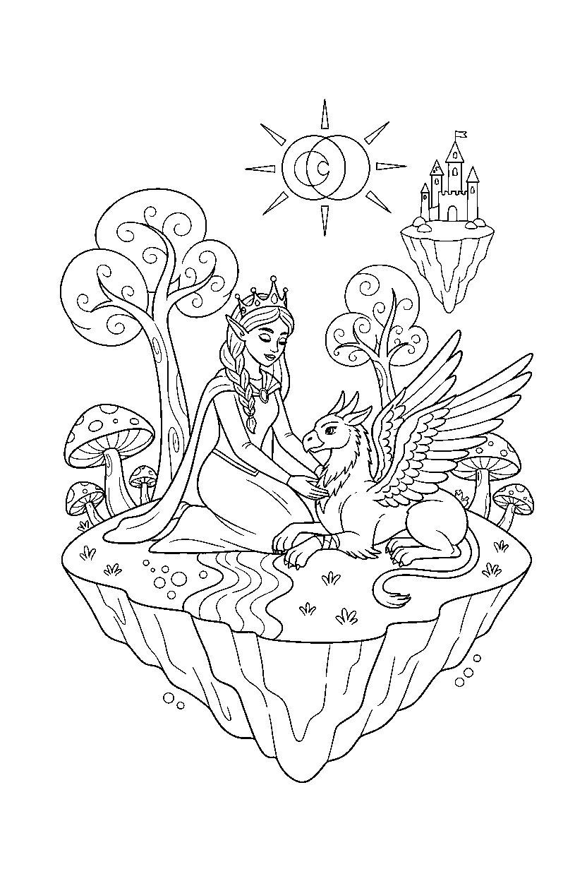 elf princess helping an animal on a magical island line art