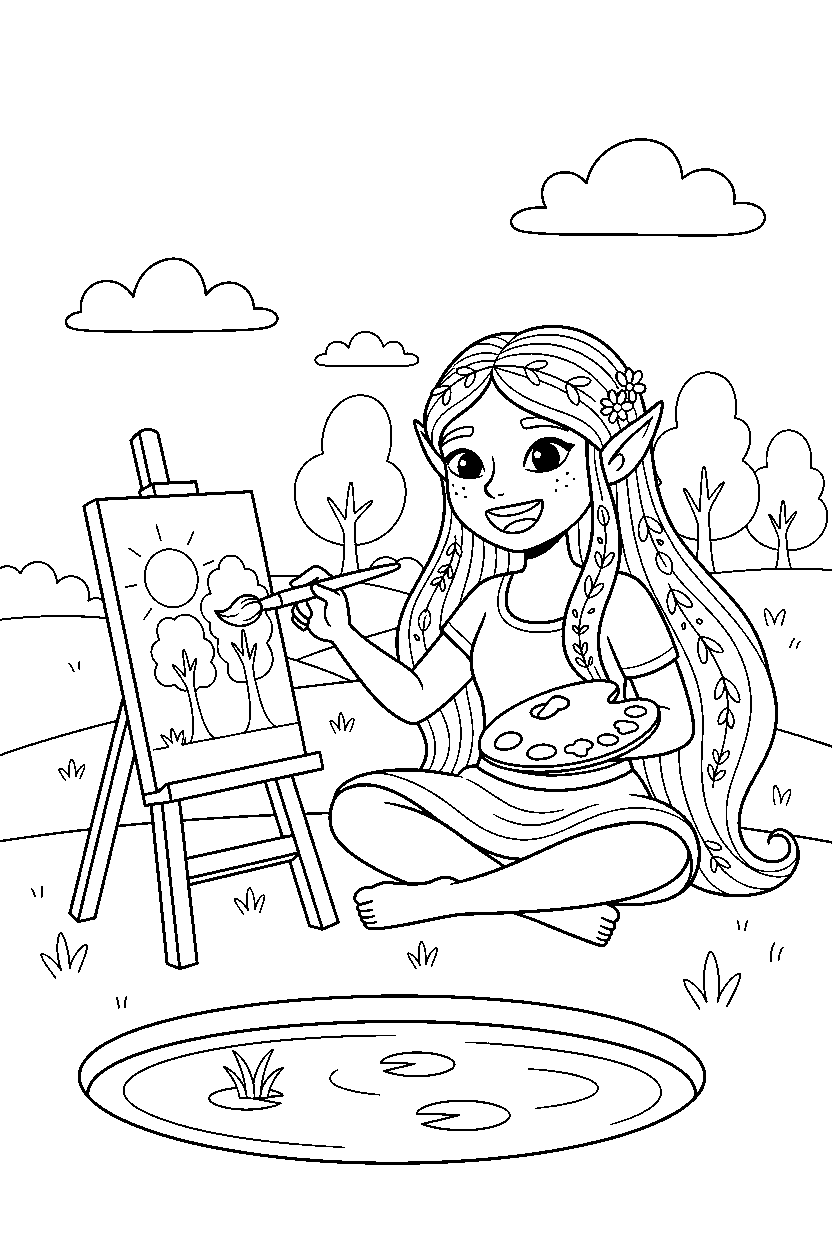 elf princess painting happily near a peaceful lake line art
