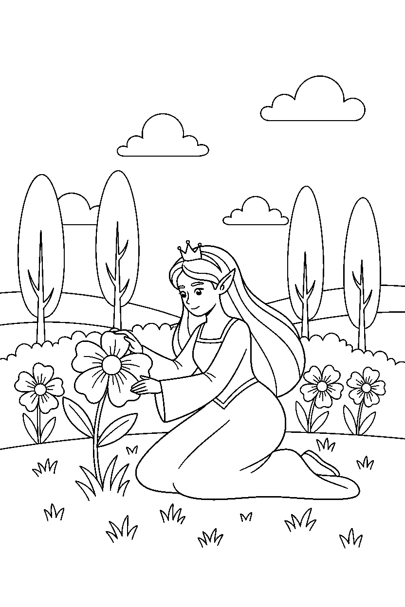 elf princess picking a flower in a spring meadow line art