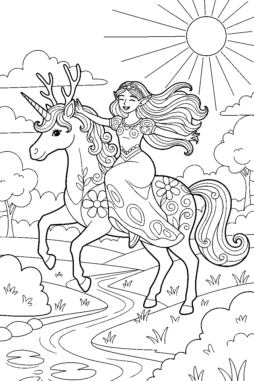 elf princess riding happily in a peaceful meadow line art