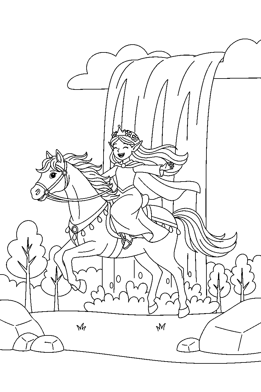 elf princess riding happily near a waterfall line art