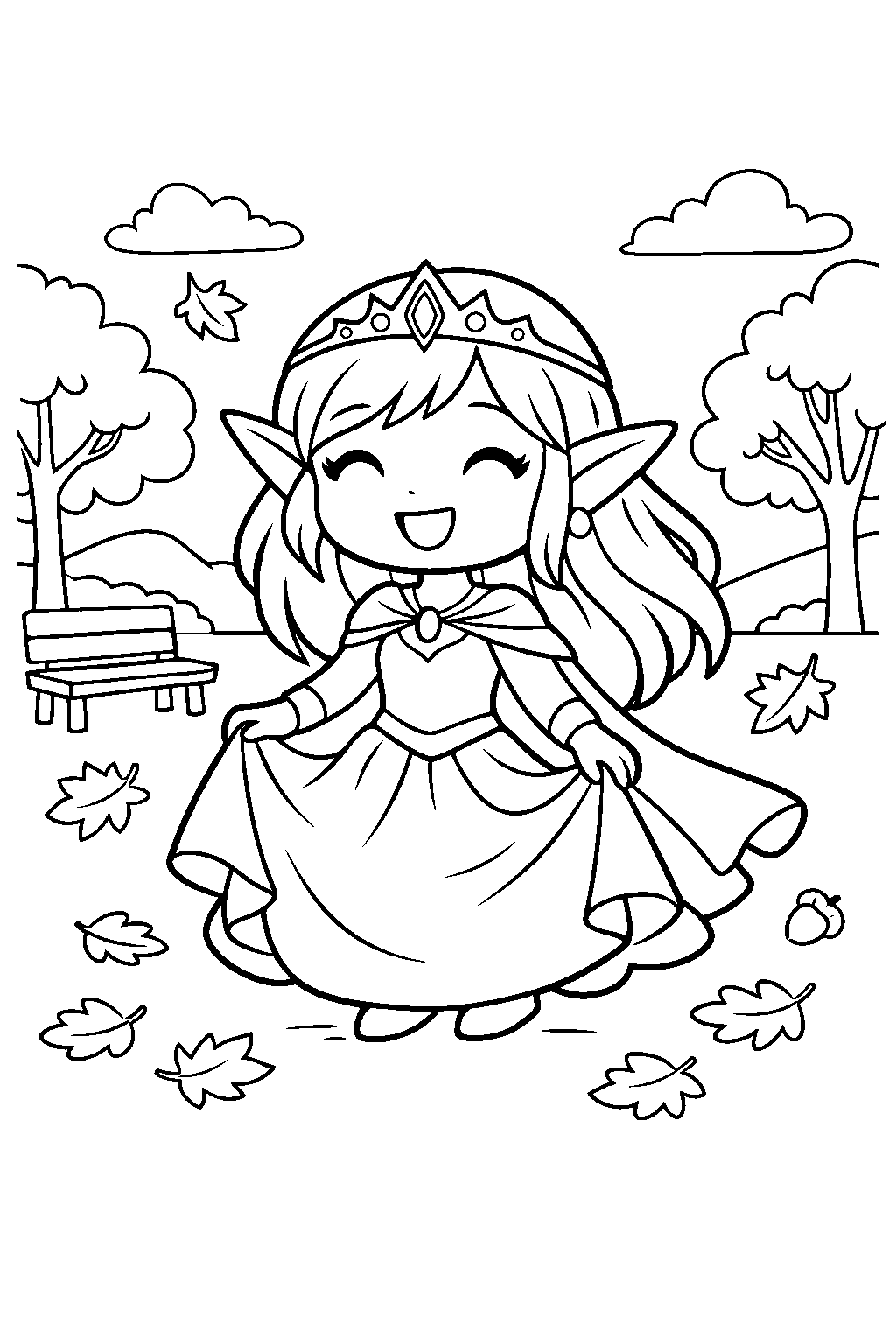 elf princess smiling happily in an autumn park line art