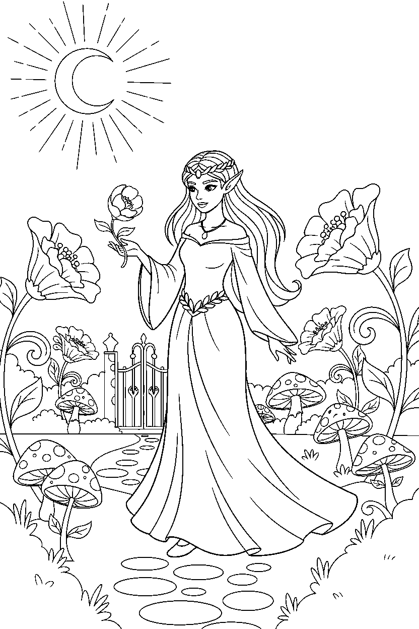 elf princess walking gently in a moonlit garden line art