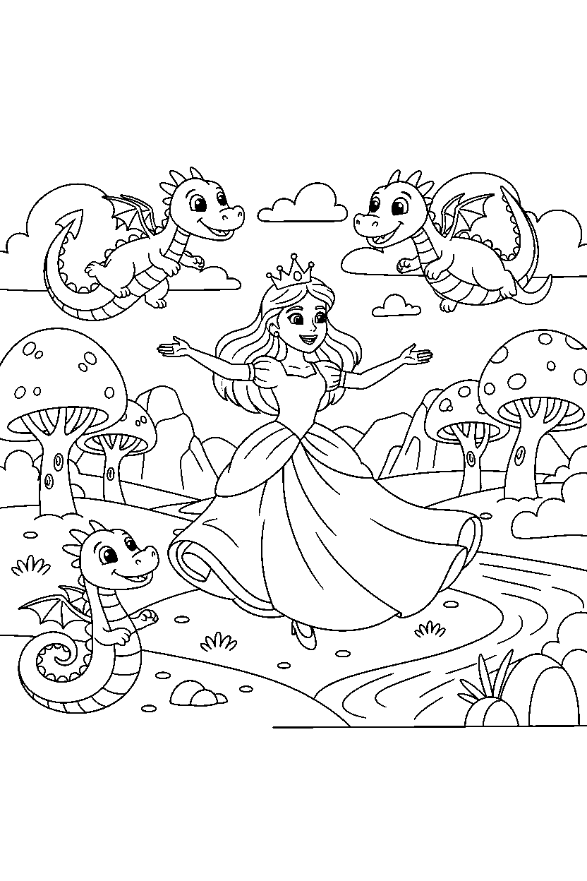 enchanted princess dancing happily in a dragon valley line art