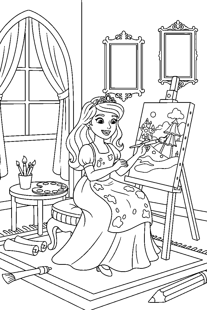 enchanted princess painting happily in a royal art room line art