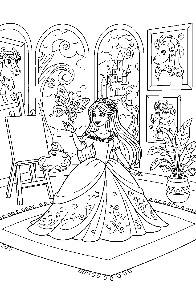 enchanted princess playing with a butterfly in a royal art room line art