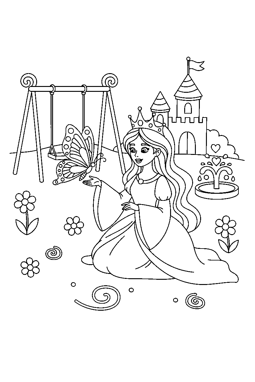 enchanted princess playing with a butterfly in a royal playground line art