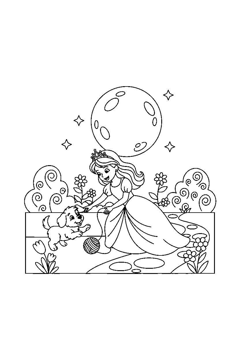 enchanted princess playing with a puppy in a moonlit garden line art