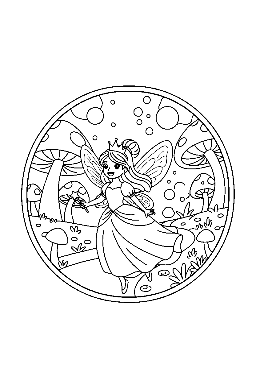 fairy princess exploring happily in a magic portal world line art