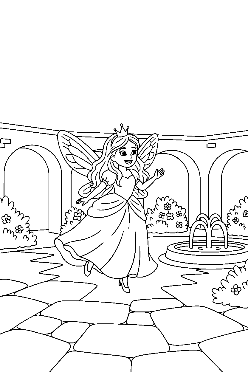 fairy princess exploring happily in a royal courtyard line art