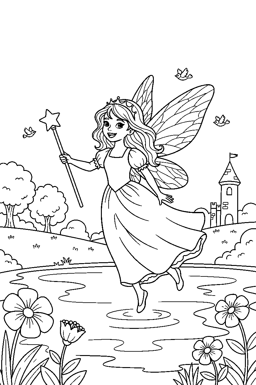 fairy princess exploring happily near a peaceful lake line art