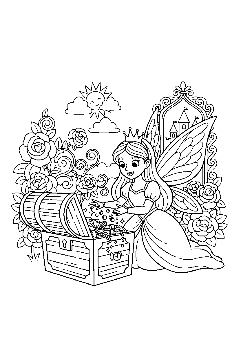 fairy princess opening a treasure in a secret royal garden line art
