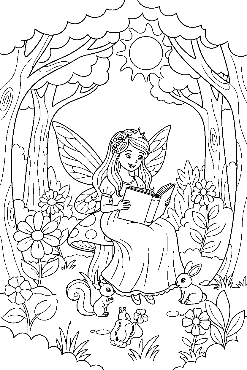 fairy princess reading a book in an enchanted forest line art