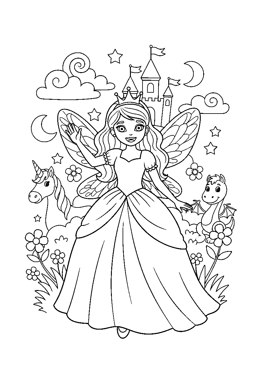 fairy princess waving happily in a magic kingdom line art