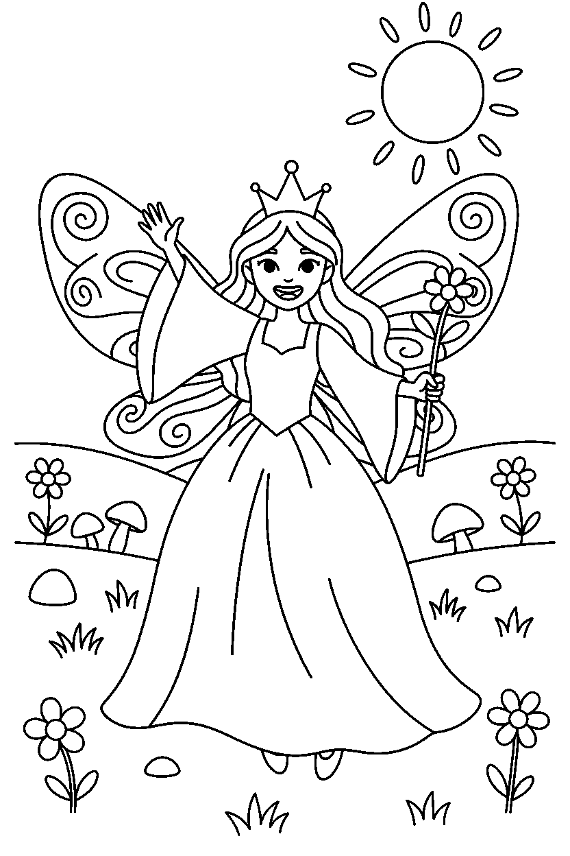 fairy princess waving happily in a peaceful meadow line art