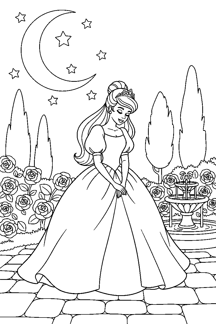 fairy tale princess curtsying politely in a moonlit garden line art