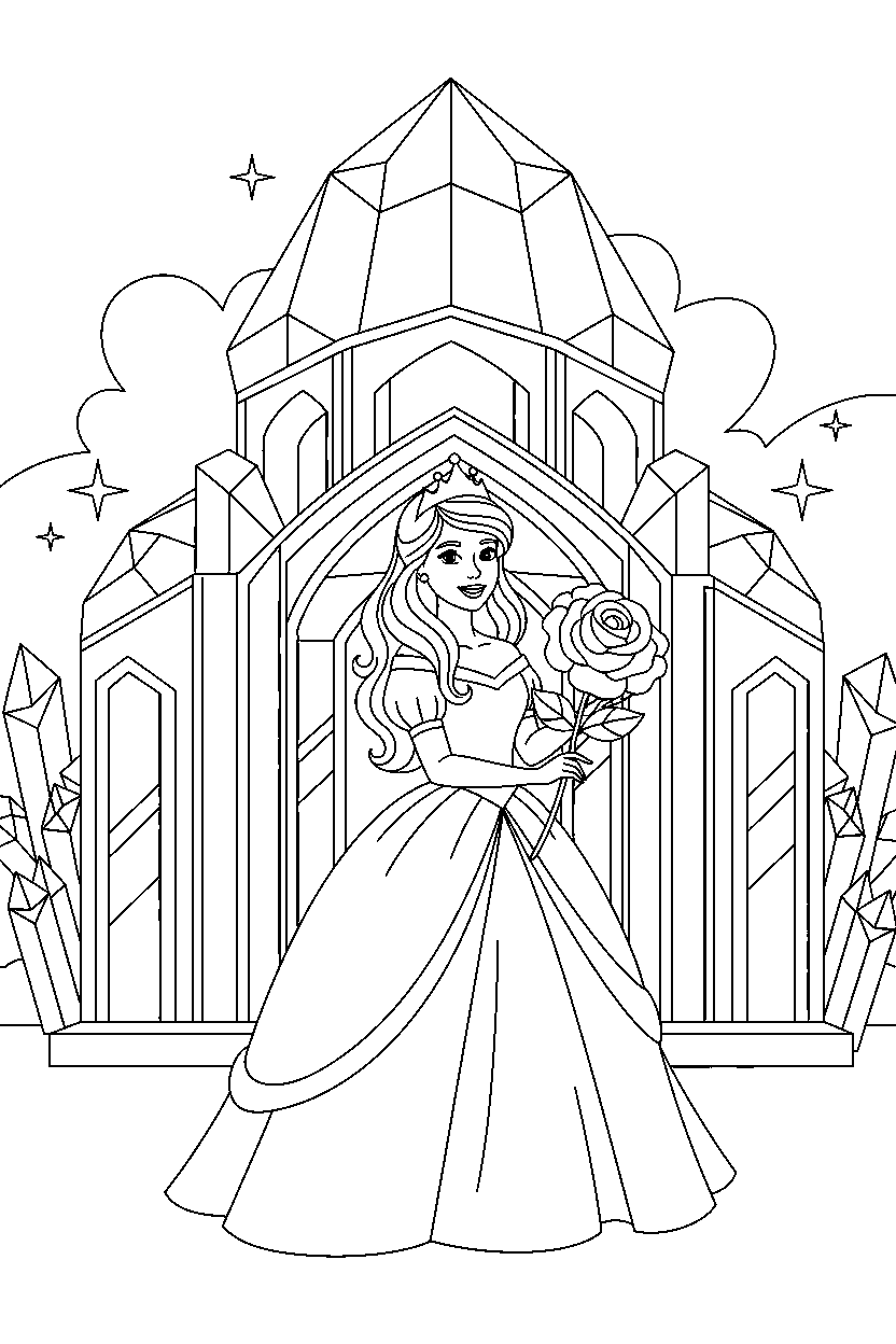 fairy tale princess holding a flower in a crystal palace line art