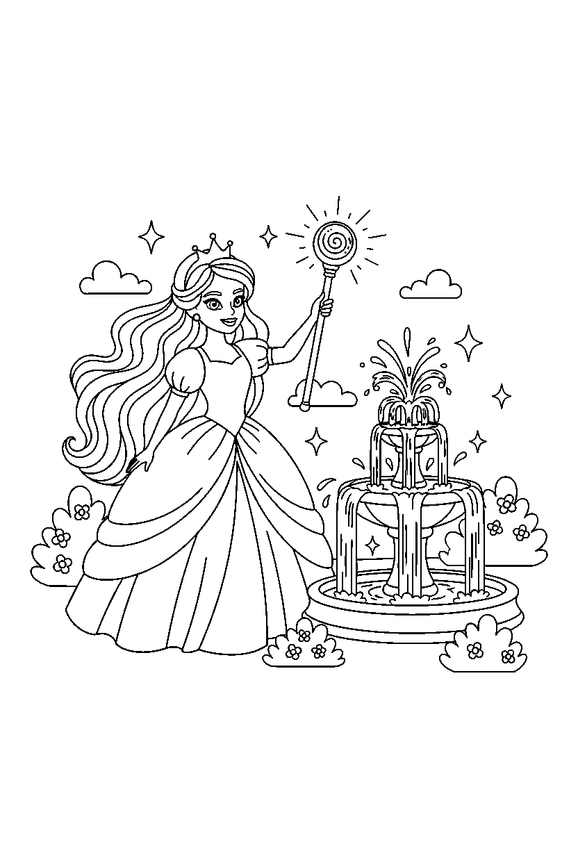 fairy tale princess holding a magic item near a sparkling fountain line art
