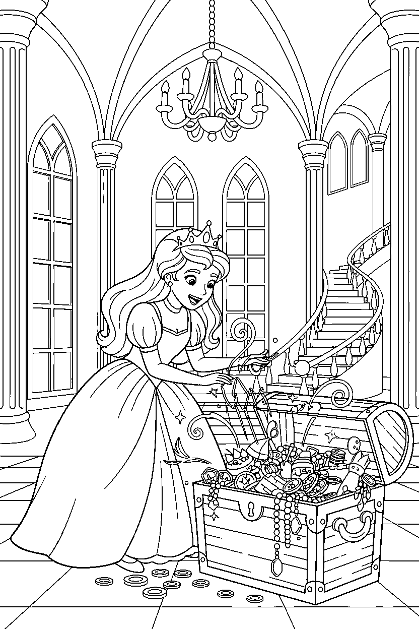 fairy tale princess opening a treasure in a magical castle hall line art