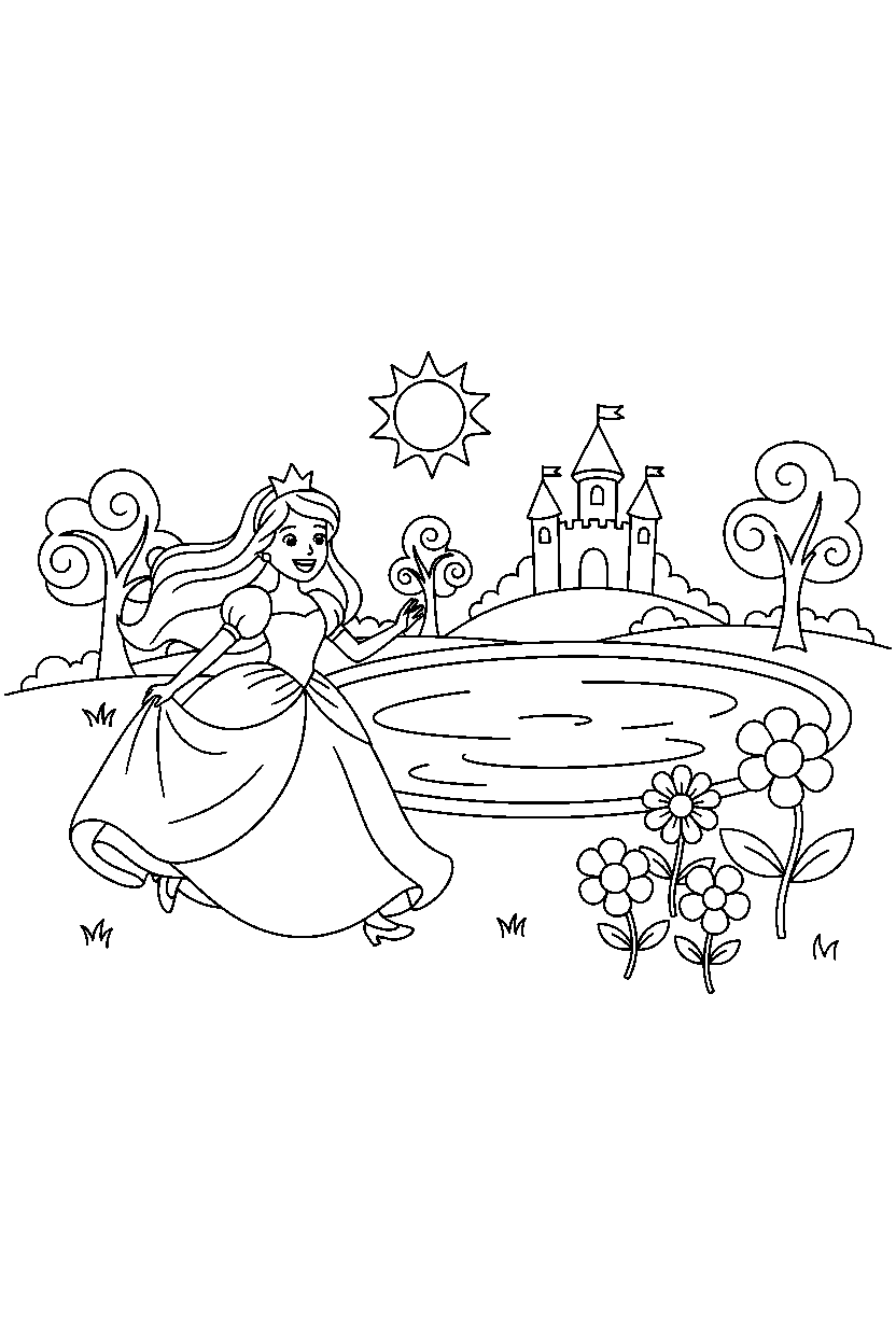 fairy tale princess running happily near a peaceful lake line art