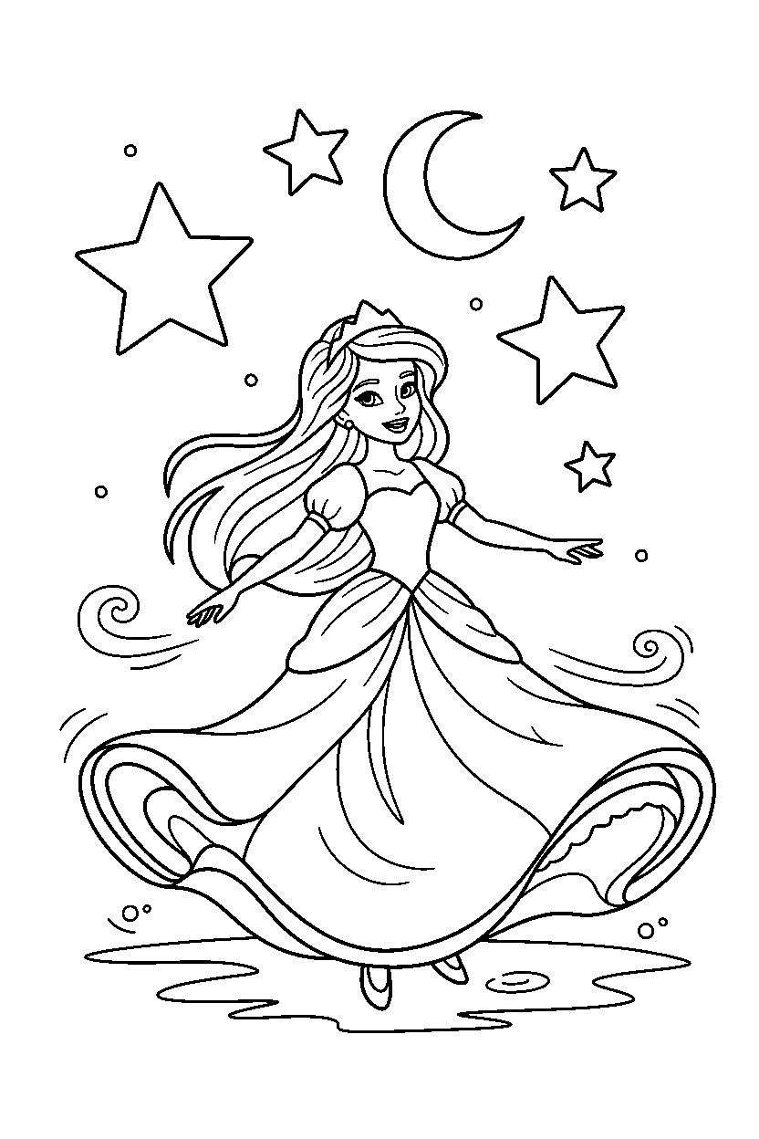 fairy tale princess spinning happily under a starry sky line art