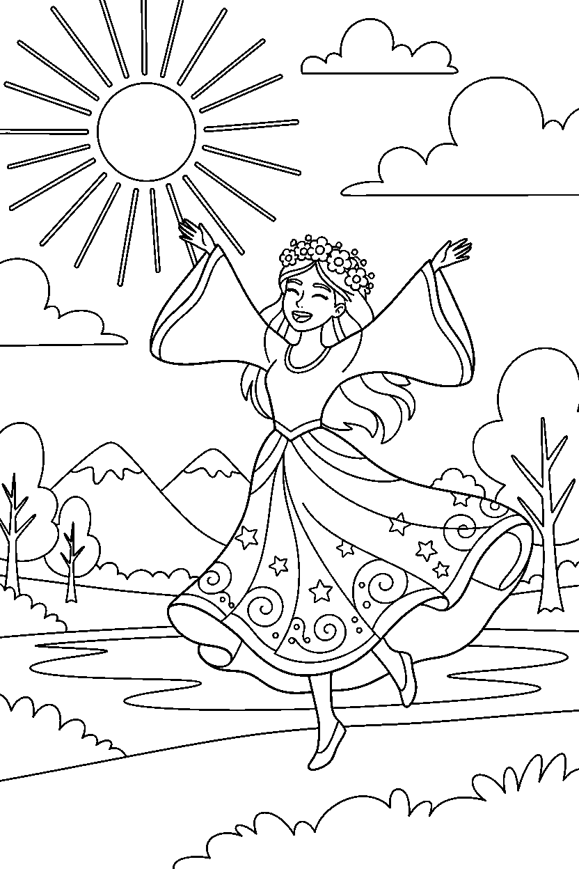 festival princess dancing happily near a peaceful lake line art