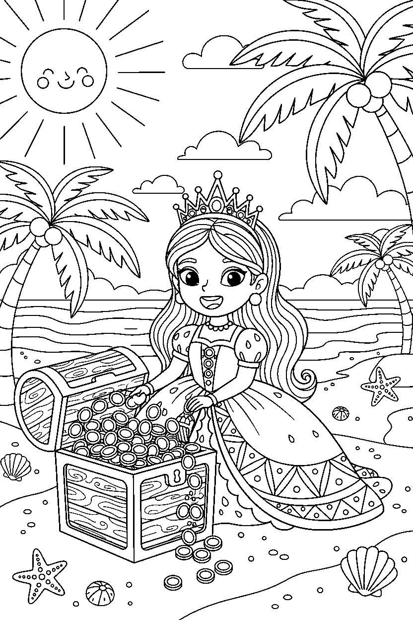 festival princess opening a treasure on a sunny beach line art
