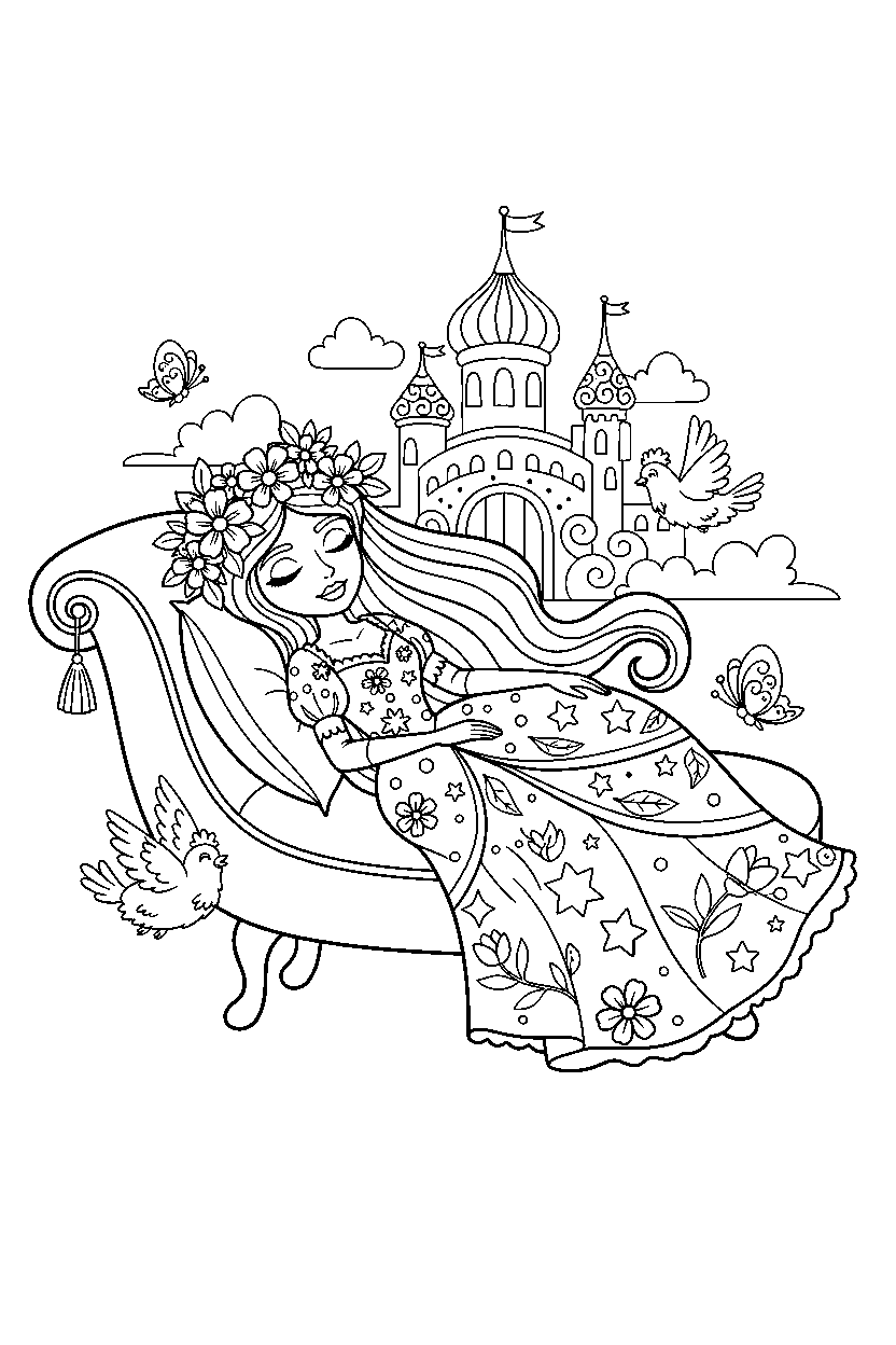 festival princess relaxing peacefully in a dreamy kingdom line art