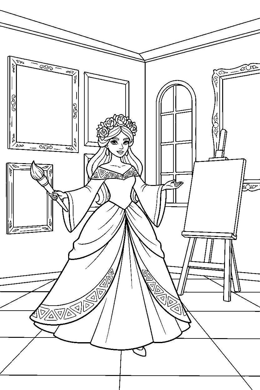 festival princess walking proudly in a royal art room line art