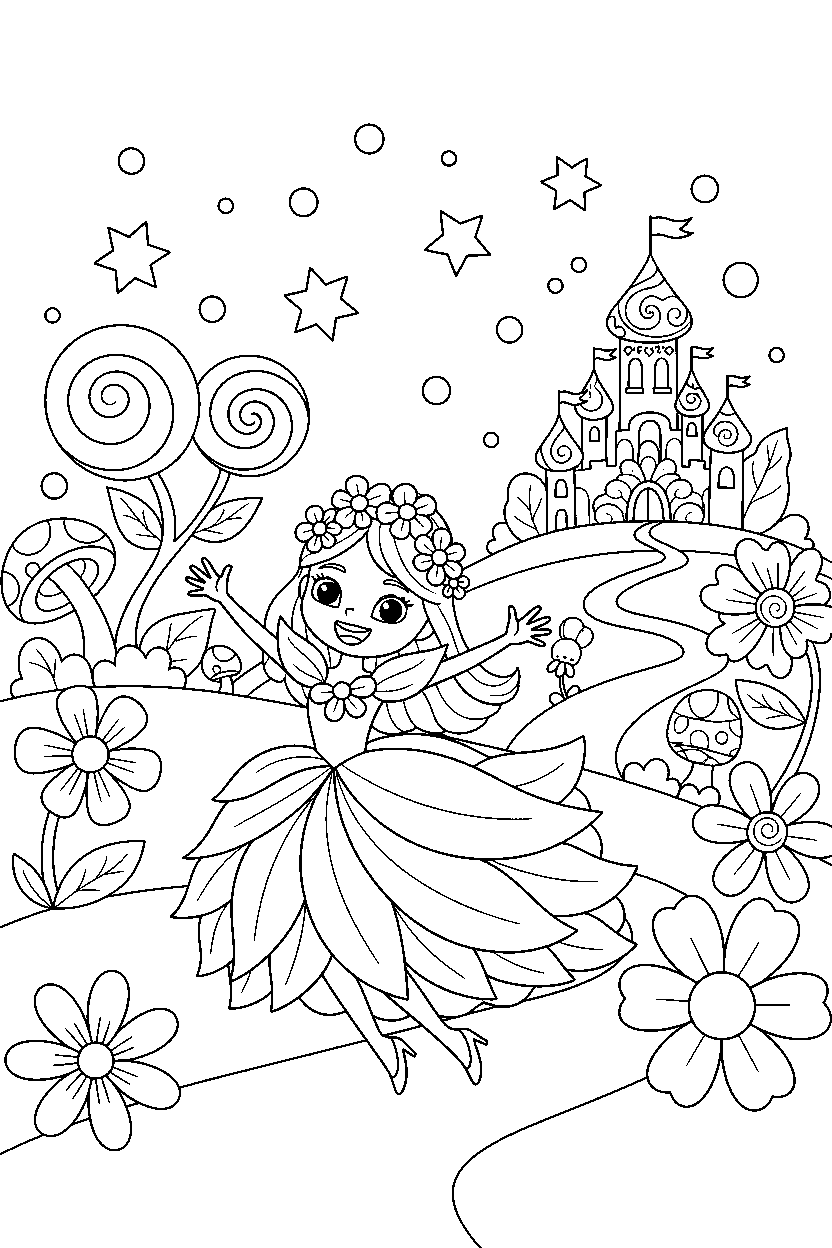 flower princess exploring happily in a dreamy kingdom line art