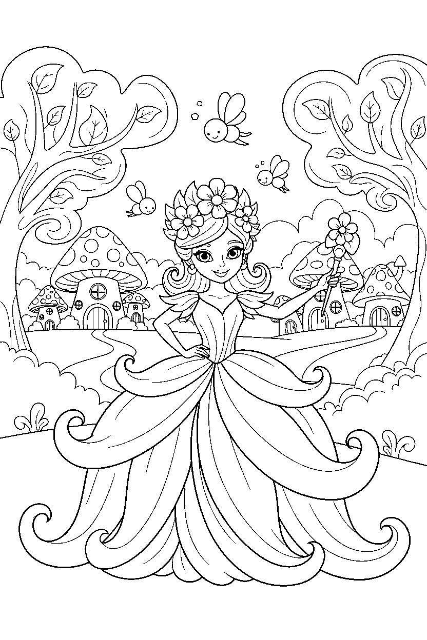 flower princess posing proudly in a fairy village line art