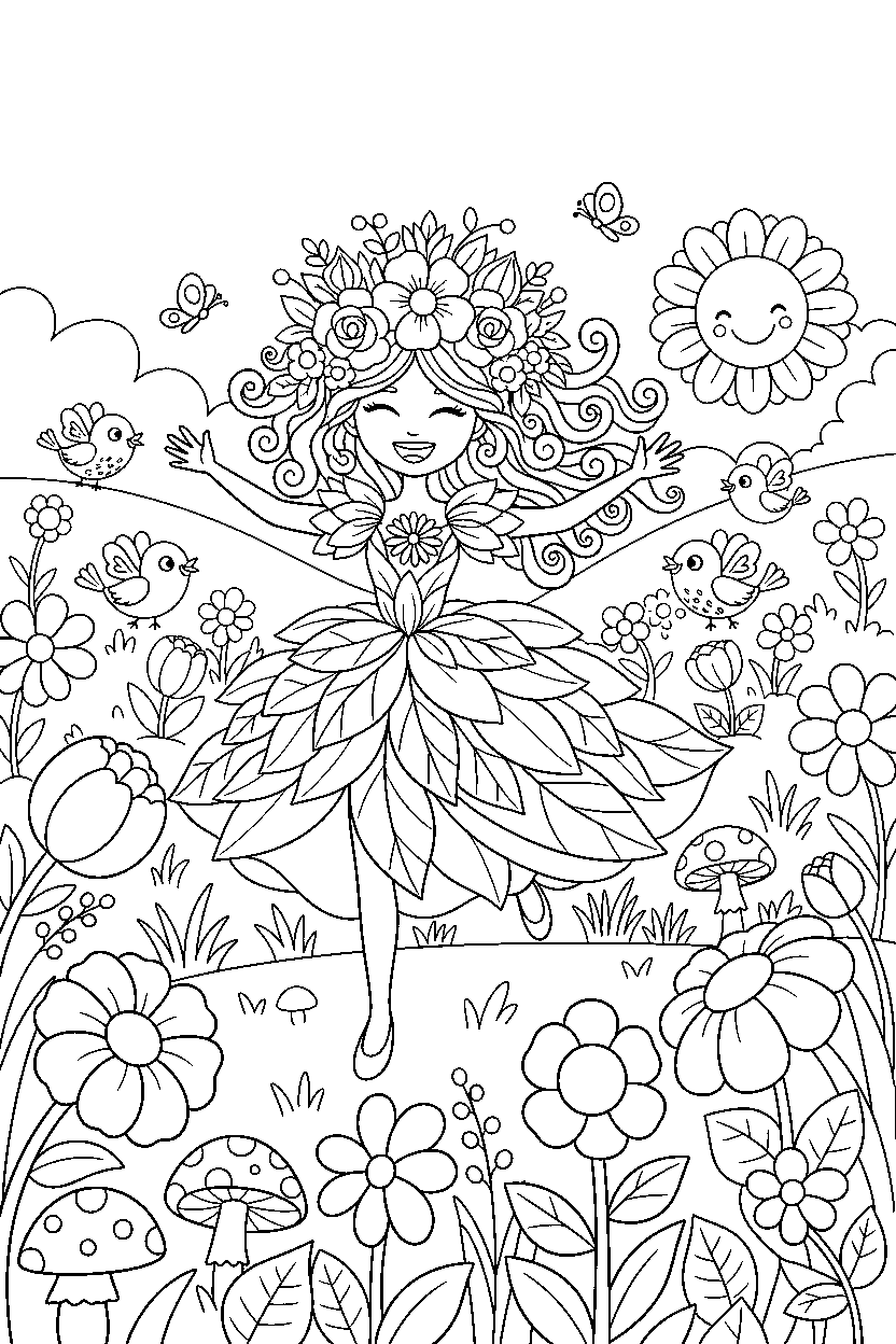 flower princess running happily in a peaceful meadow line art