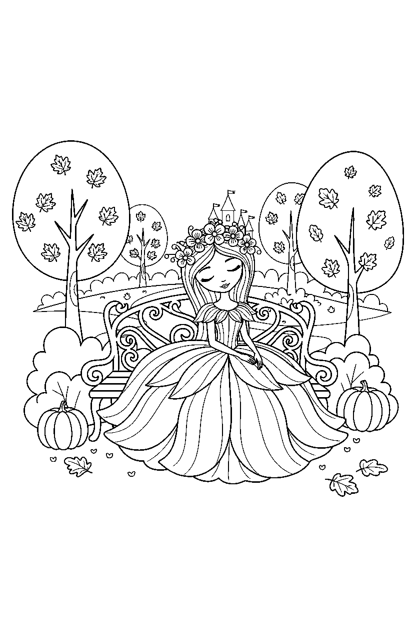 flower princess sitting peacefully in an autumn park line art