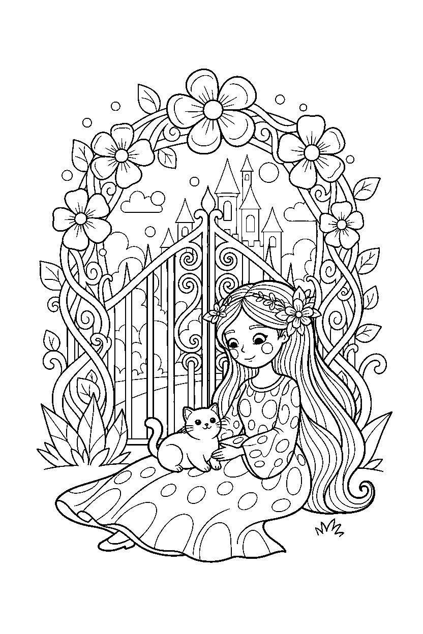 forest princess playing with a kitten at an enchanted castle gate line art