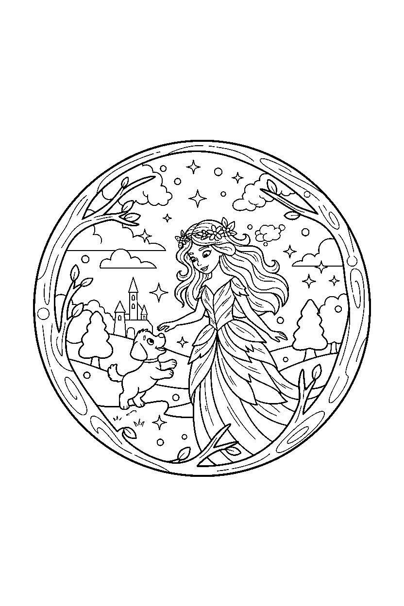 forest princess playing with a puppy in a magic portal world line art